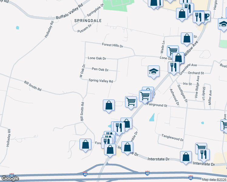 map of restaurants, bars, coffee shops, grocery stores, and more near 802 Mills Creek Lane in Cookeville