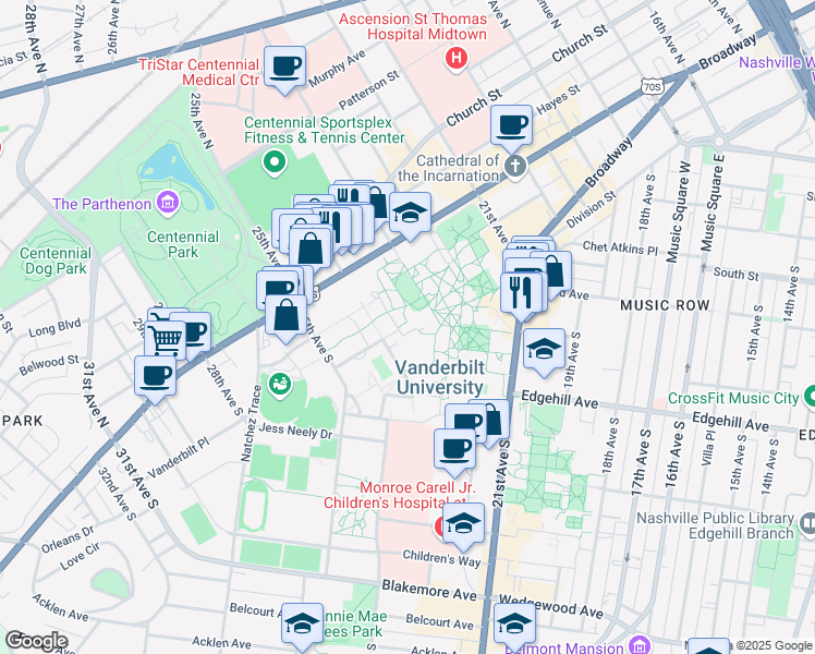 map of restaurants, bars, coffee shops, grocery stores, and more near 2301 Vanderbilt Place in Nashville