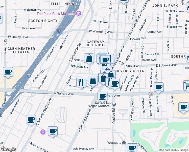 map of restaurants, bars, coffee shops, grocery stores, and more near 2201 Fairfield Avenue in Las Vegas