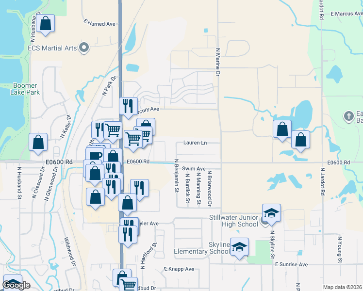 map of restaurants, bars, coffee shops, grocery stores, and more near 2306 North Benjamin Street in Stillwater