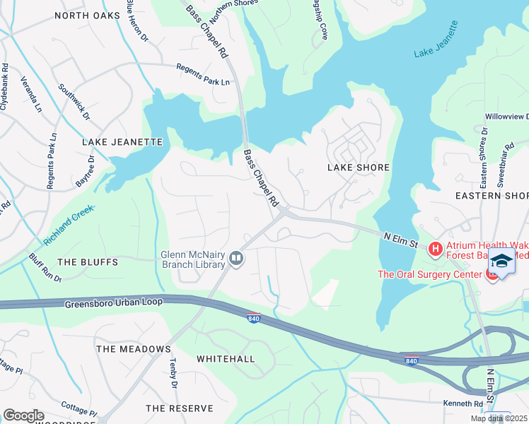 map of restaurants, bars, coffee shops, grocery stores, and more near 122 Shore Lake Drive in Greensboro