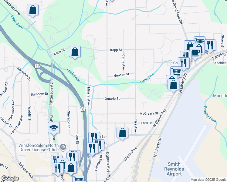 map of restaurants, bars, coffee shops, grocery stores, and more near 623 Ontario Street in Winston-Salem