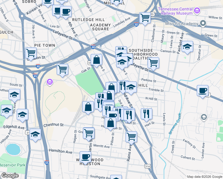 map of restaurants, bars, coffee shops, grocery stores, and more near 200 Chestnut Street in Nashville