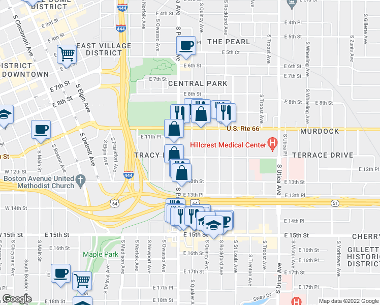 map of restaurants, bars, coffee shops, grocery stores, and more near 1152 South Quaker Avenue in Tulsa