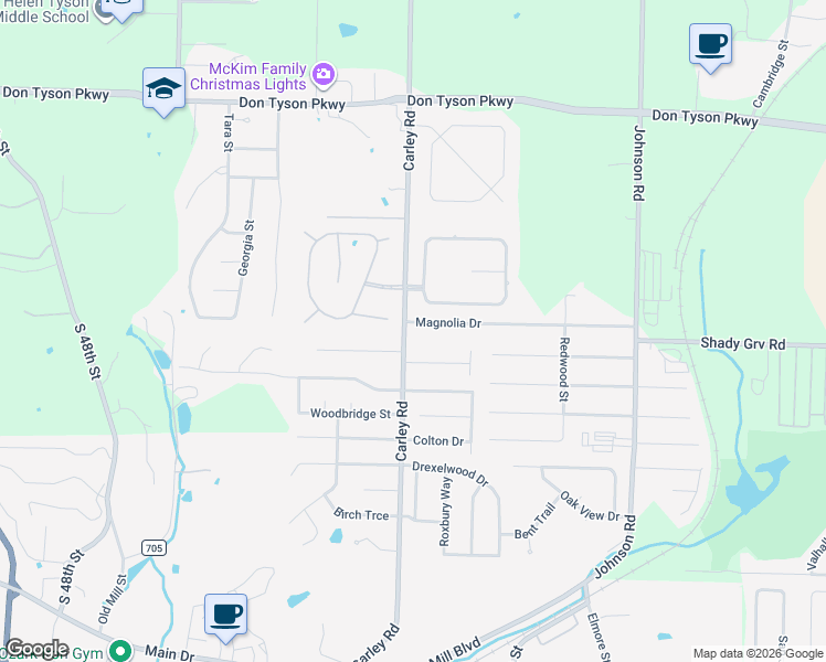 map of restaurants, bars, coffee shops, grocery stores, and more near 2611 Magnolia Drive in Springdale