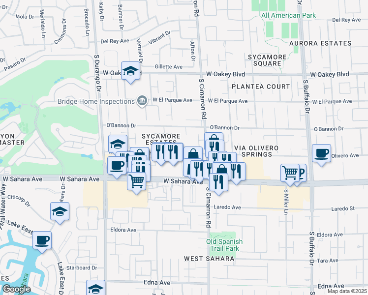map of restaurants, bars, coffee shops, grocery stores, and more near 8280 West Via Olivero Avenue in Las Vegas