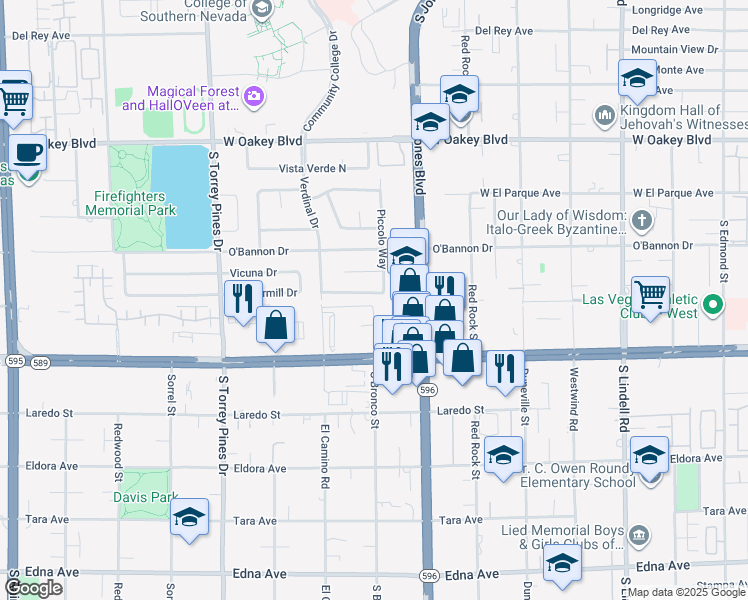 map of restaurants, bars, coffee shops, grocery stores, and more near 6151 Peppermill Drive in Las Vegas