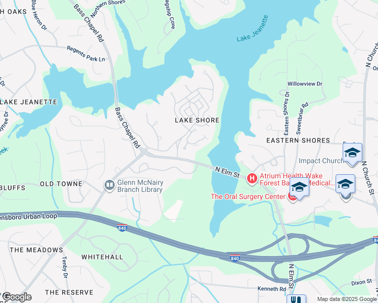 map of restaurants, bars, coffee shops, grocery stores, and more near 6 Indigo Lake Terrace in Greensboro