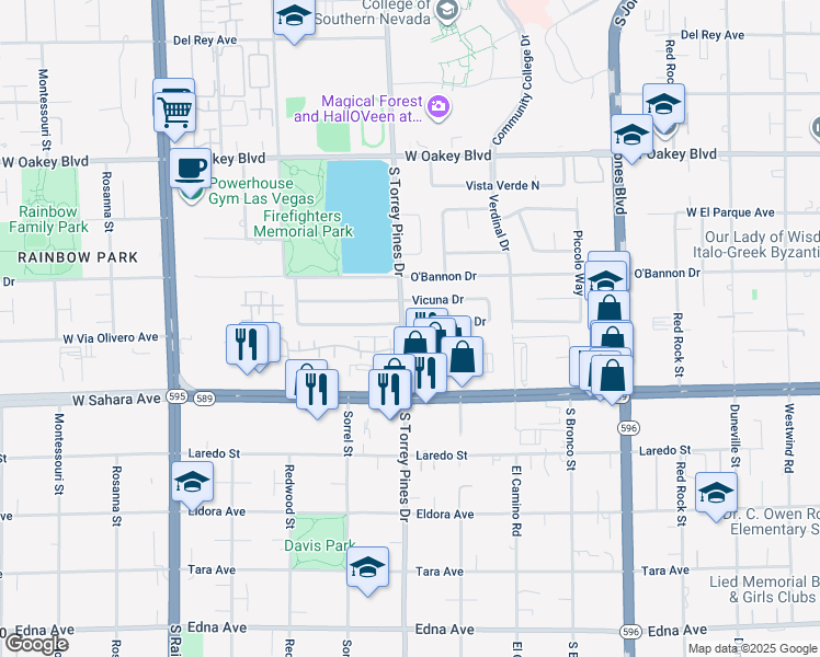 map of restaurants, bars, coffee shops, grocery stores, and more near 6353 Peppermill Drive in Las Vegas