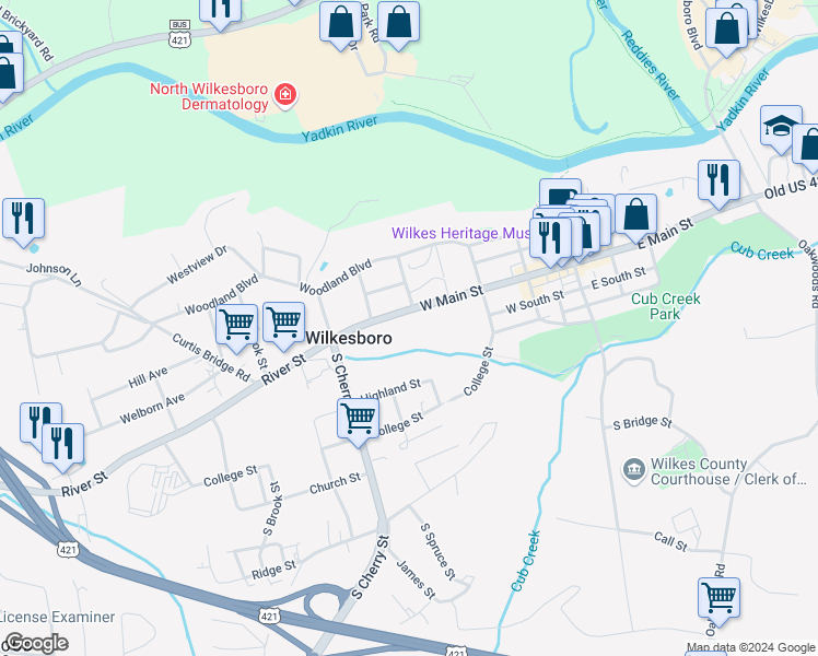 map of restaurants, bars, coffee shops, grocery stores, and more near 407 West Main Street in Wilkesboro