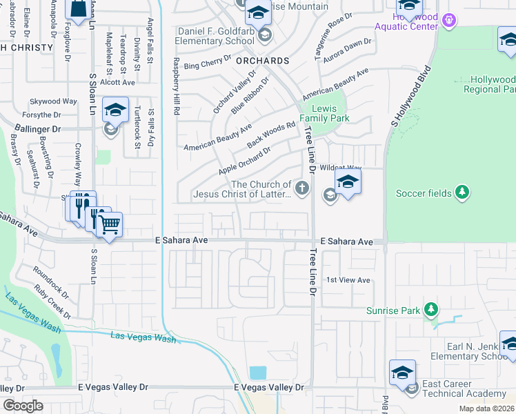 map of restaurants, bars, coffee shops, grocery stores, and more near 6278 Peach Orchard Road in Las Vegas