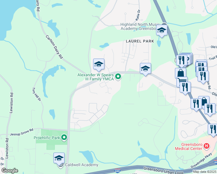 map of restaurants, bars, coffee shops, grocery stores, and more near 4012 Chianti Way in Greensboro