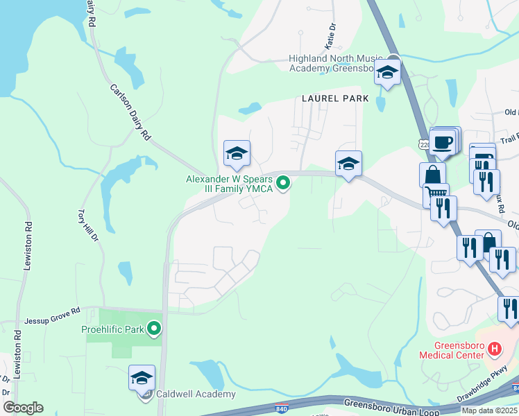 map of restaurants, bars, coffee shops, grocery stores, and more near 4012 Chianti Way in Greensboro