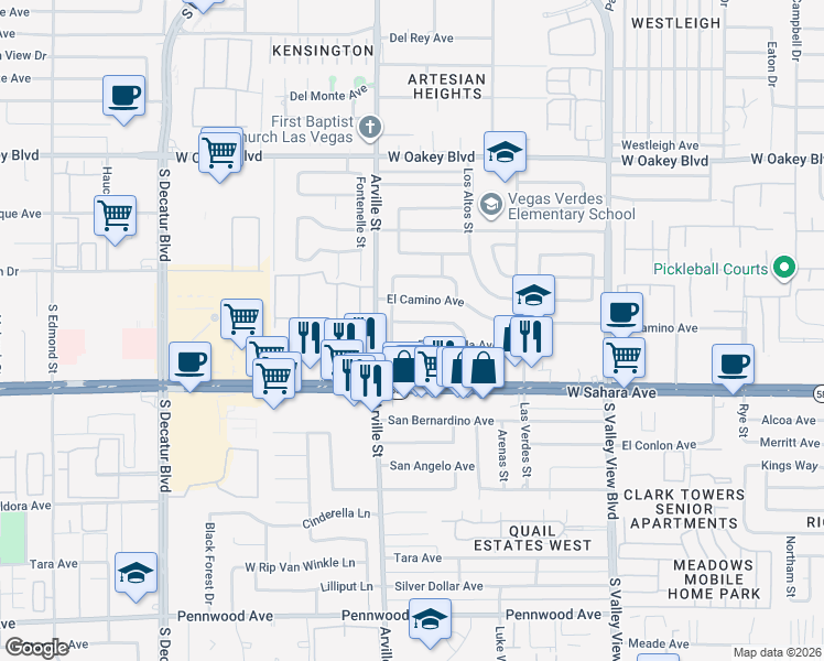 map of restaurants, bars, coffee shops, grocery stores, and more near 4305 Via Olivero Avenue in Las Vegas