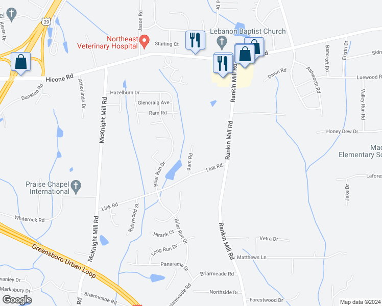 map of restaurants, bars, coffee shops, grocery stores, and more near 2217 Ram Road in Greensboro