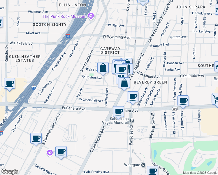 map of restaurants, bars, coffee shops, grocery stores, and more near 2201 Fairfield Avenue in Las Vegas