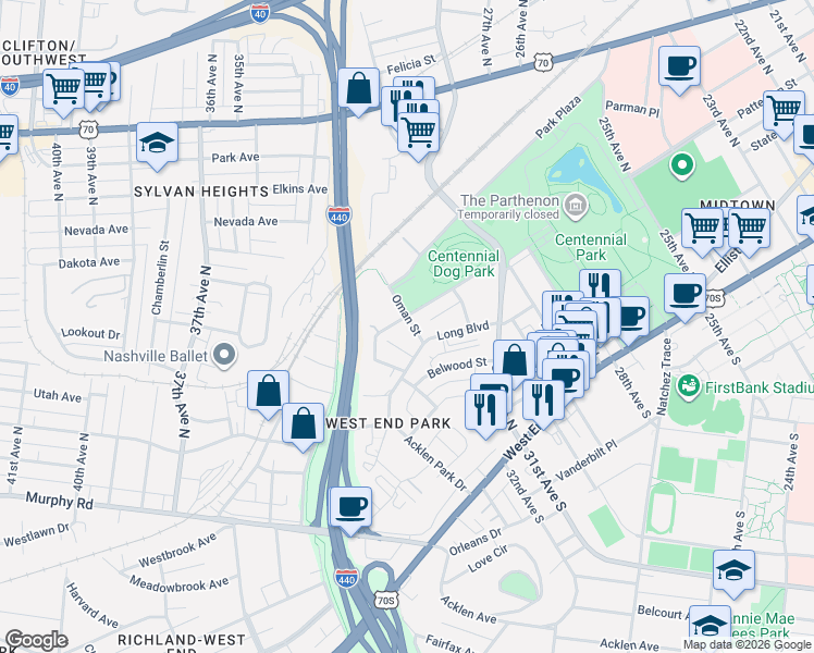 map of restaurants, bars, coffee shops, grocery stores, and more near 3142 Parthenon Avenue in Nashville