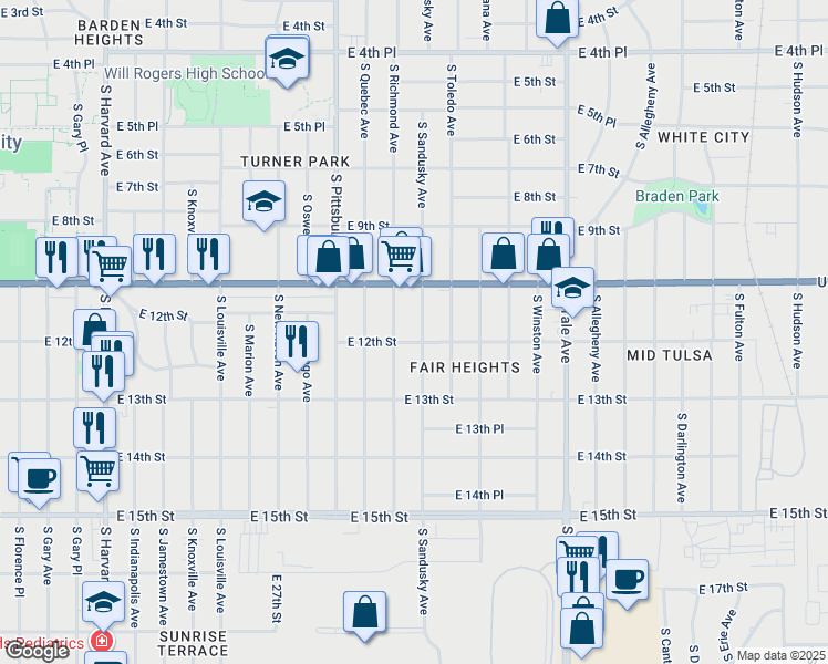 map of restaurants, bars, coffee shops, grocery stores, and more near 1121 South Sandusky Avenue in Tulsa