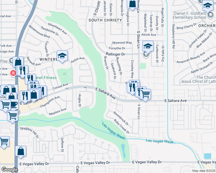 map of restaurants, bars, coffee shops, grocery stores, and more near 2270 Brassy Drive in Las Vegas