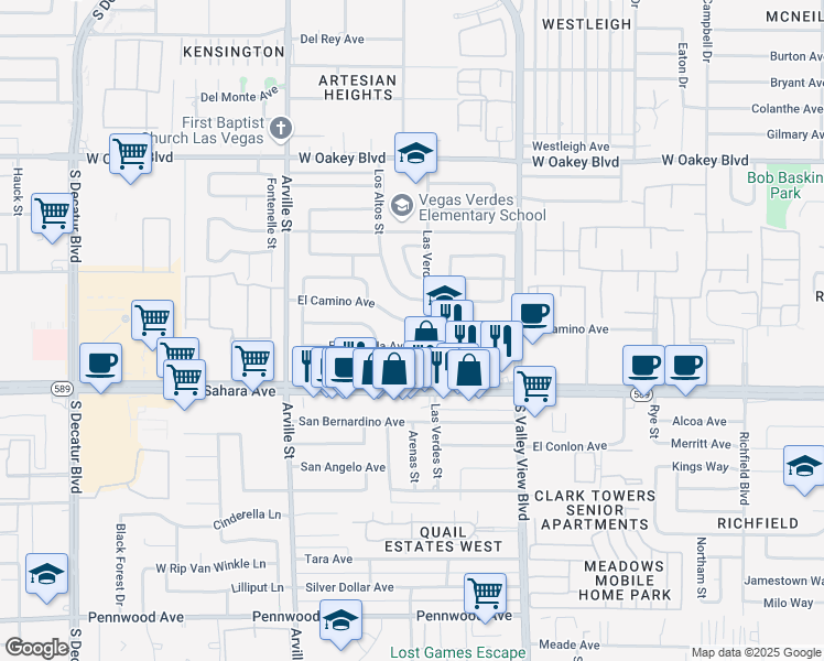 map of restaurants, bars, coffee shops, grocery stores, and more near 4013 El Camino Avenue in Las Vegas
