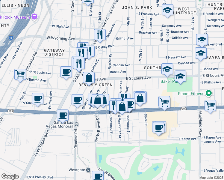map of restaurants, bars, coffee shops, grocery stores, and more near 2013 Santa Ynez Drive in Las Vegas