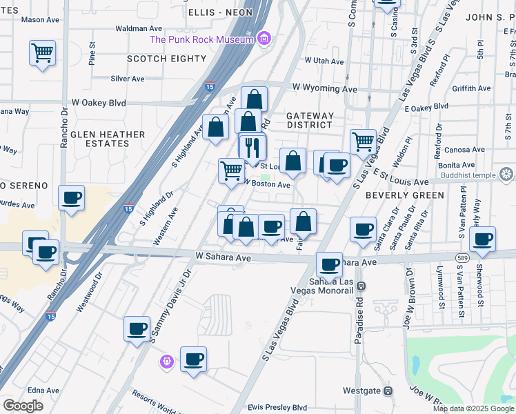 map of restaurants, bars, coffee shops, grocery stores, and more near 316 West Baltimore Avenue in Las Vegas