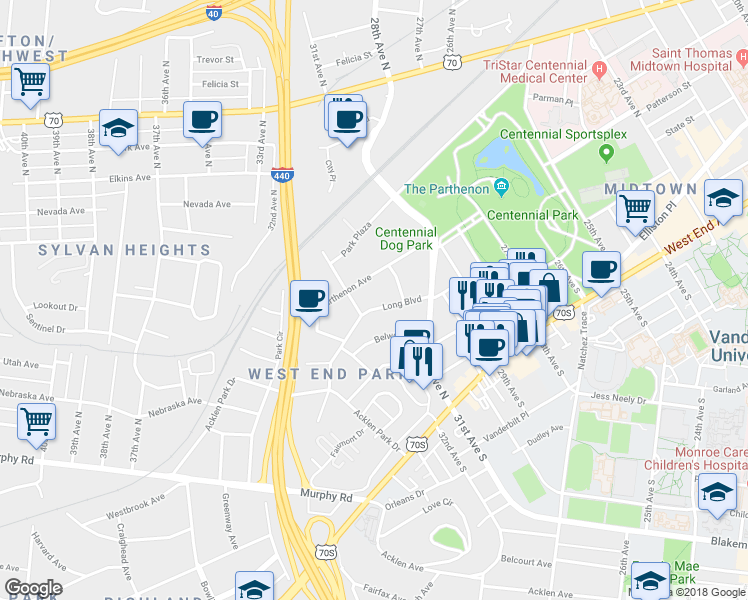 map of restaurants, bars, coffee shops, grocery stores, and more near 3131 Parthenon Avenue in Nashville