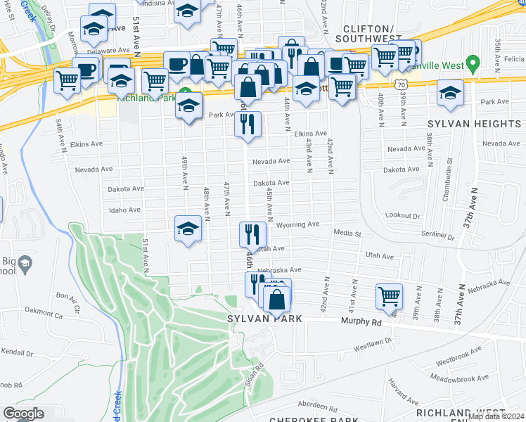 map of restaurants, bars, coffee shops, grocery stores, and more near 4502 Idaho Avenue in Nashville