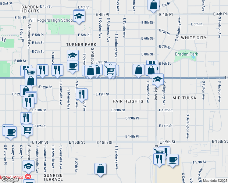 map of restaurants, bars, coffee shops, grocery stores, and more near 1121 South Sandusky Avenue in Tulsa