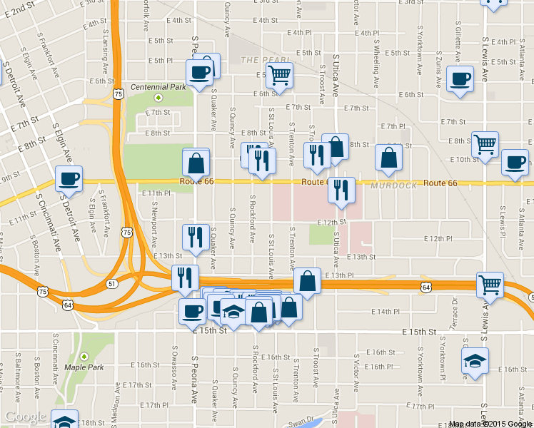 map of restaurants, bars, coffee shops, grocery stores, and more near 1124 South Saint Louis Avenue in Tulsa