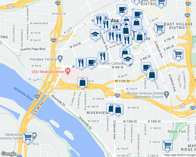 map of restaurants, bars, coffee shops, grocery stores, and more near 615 West 11th Street in Tulsa