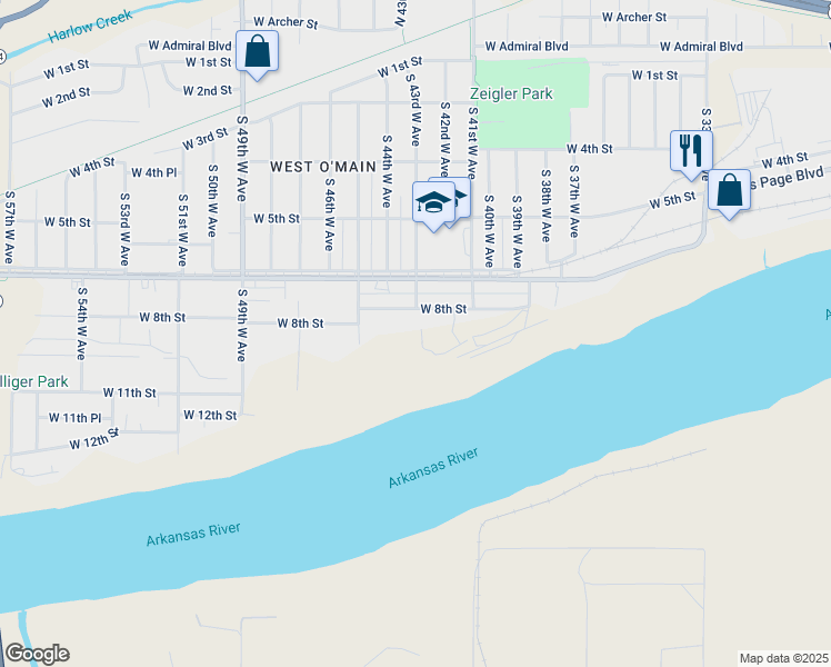 map of restaurants, bars, coffee shops, grocery stores, and more near 4154 West 8th Street in Tulsa