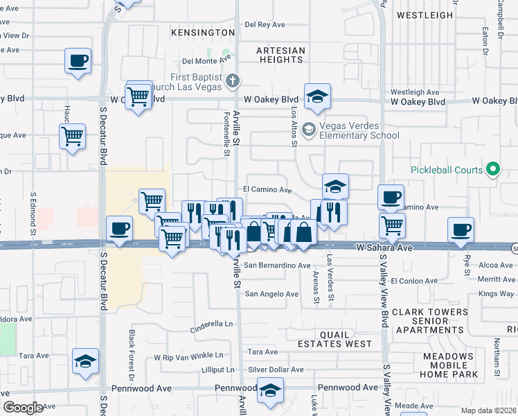 map of restaurants, bars, coffee shops, grocery stores, and more near 4305 Via Olivero Avenue in Las Vegas