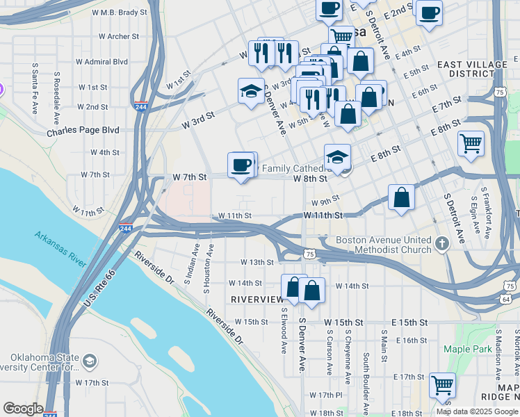 map of restaurants, bars, coffee shops, grocery stores, and more near 501 West 11th Street in Tulsa