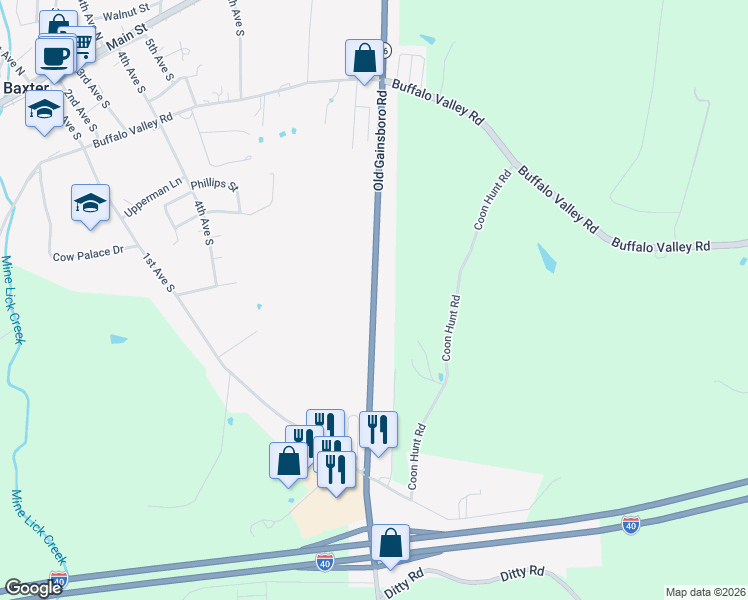 map of restaurants, bars, coffee shops, grocery stores, and more near Old Gainsboro Road in Baxter