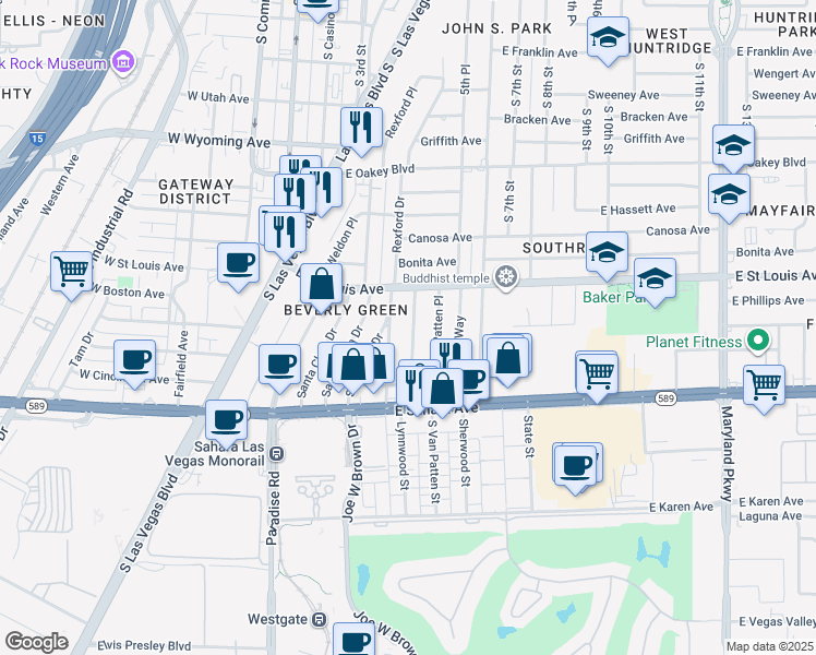 map of restaurants, bars, coffee shops, grocery stores, and more near 2112 Santa Ynez Drive in Las Vegas