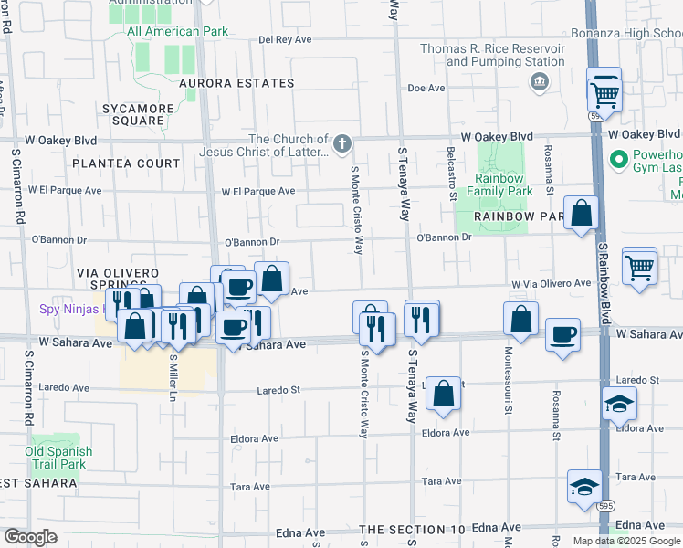 map of restaurants, bars, coffee shops, grocery stores, and more near 7450 West Via Olivero Avenue in Las Vegas