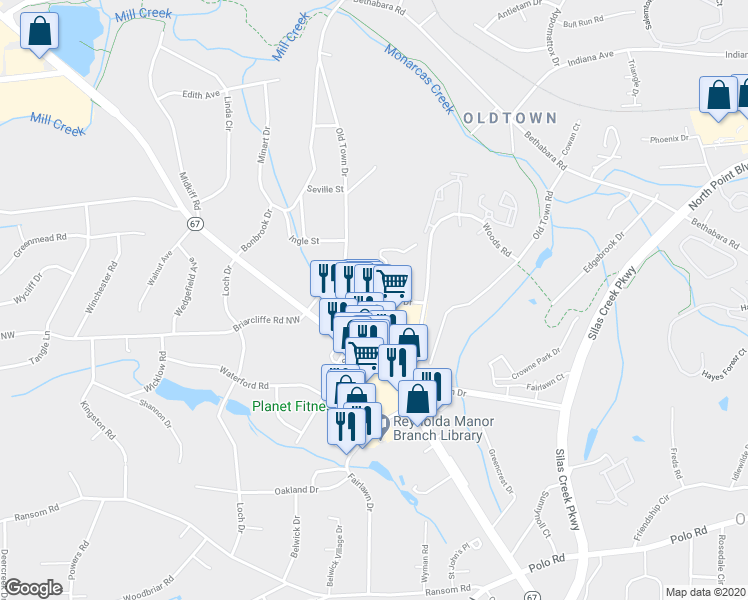 map of restaurants, bars, coffee shops, grocery stores, and more near 112 Columbine Drive in Winston-Salem