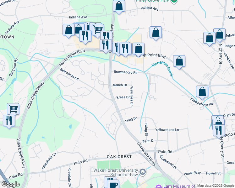 map of restaurants, bars, coffee shops, grocery stores, and more near Kress Drive in Winston-Salem