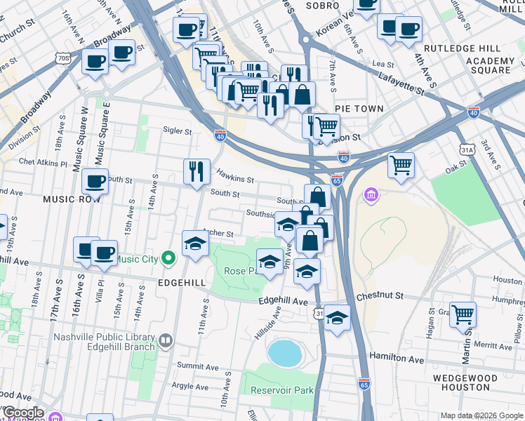map of restaurants, bars, coffee shops, grocery stores, and more near 939B South Street in Nashville