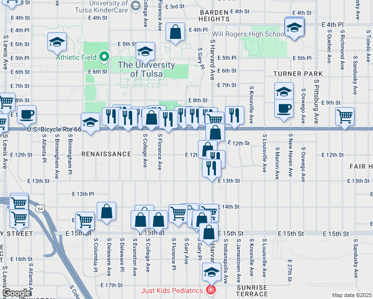 map of restaurants, bars, coffee shops, grocery stores, and more near South Gary Avenue in Tulsa