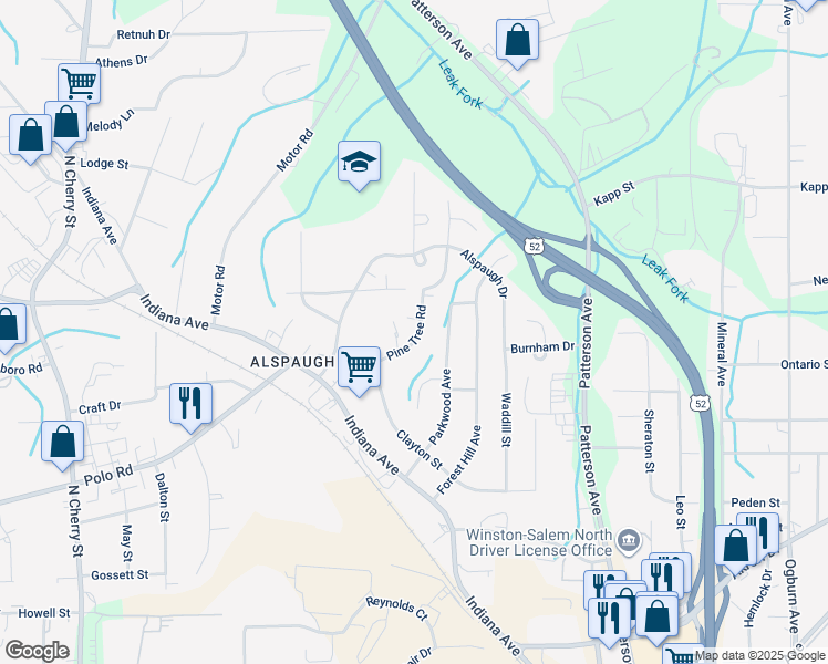 map of restaurants, bars, coffee shops, grocery stores, and more near 240 Pine Tree Road in Winston-Salem