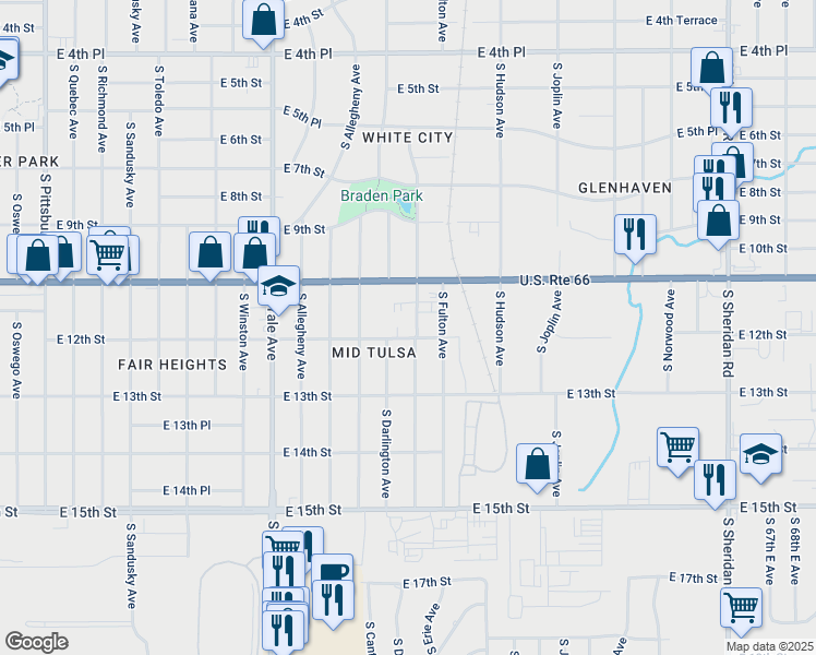 map of restaurants, bars, coffee shops, grocery stores, and more near 5323 East 12th Street in Tulsa