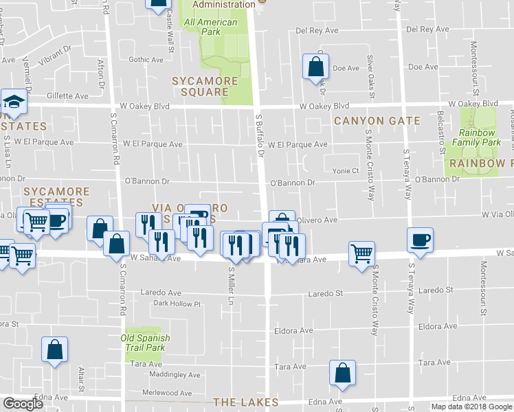 map of restaurants, bars, coffee shops, grocery stores, and more near 2255 South Buffalo Drive in Las Vegas