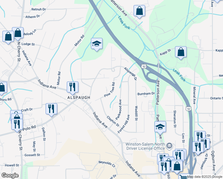 map of restaurants, bars, coffee shops, grocery stores, and more near 240 Pine Tree Road in Winston-Salem