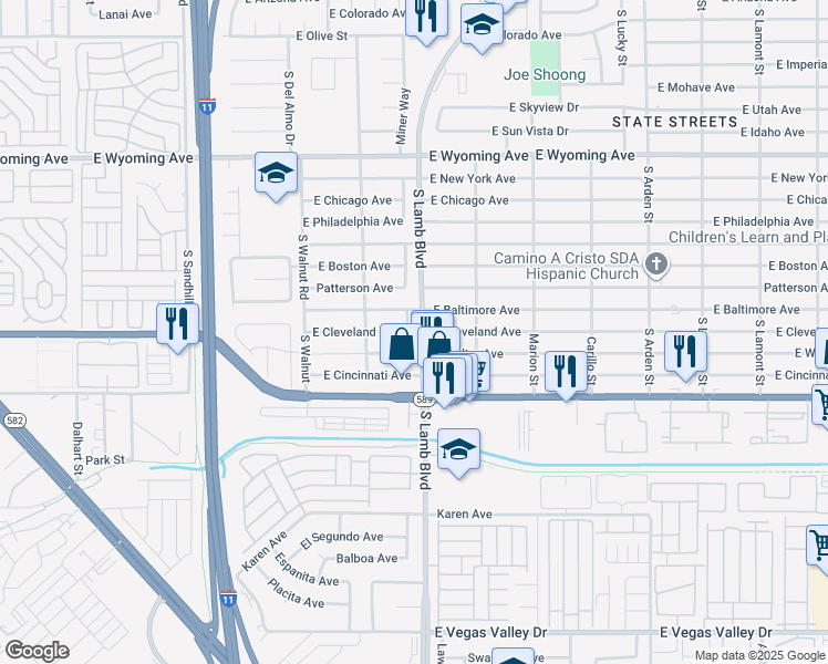 map of restaurants, bars, coffee shops, grocery stores, and more near 4214 East Baltimore Avenue in Las Vegas