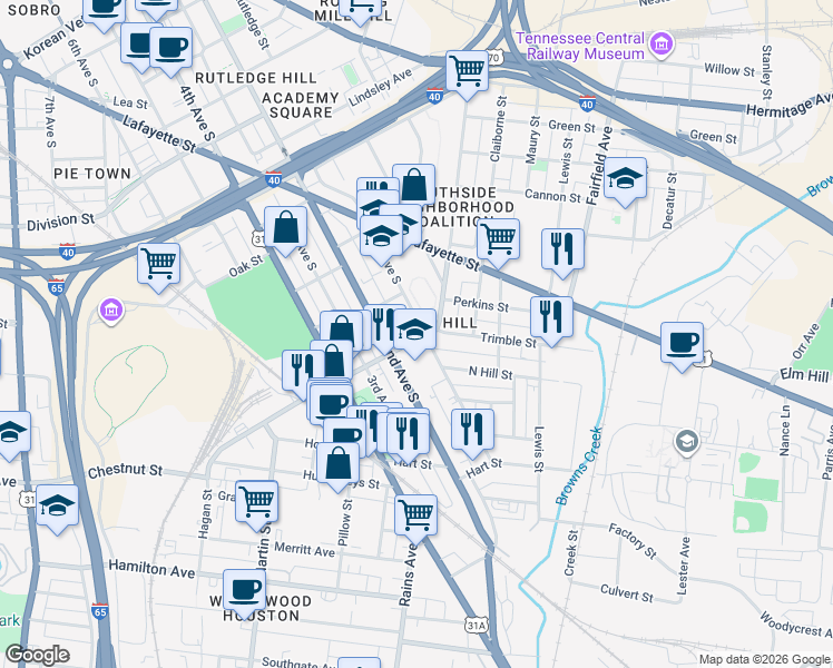 map of restaurants, bars, coffee shops, grocery stores, and more near 29 Wharf Avenue in Nashville