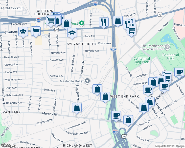 map of restaurants, bars, coffee shops, grocery stores, and more near 409 Normandy Circle in Nashville