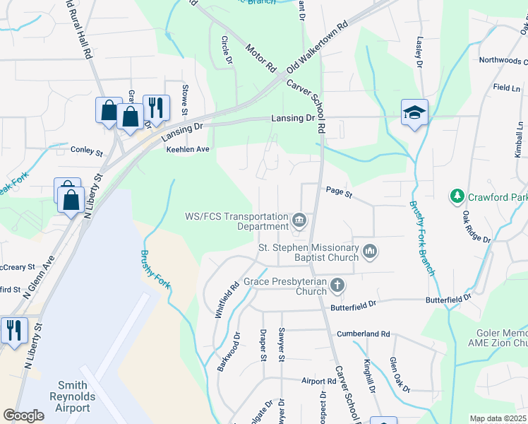 map of restaurants, bars, coffee shops, grocery stores, and more near 4203 Whitfield Road in Winston-Salem