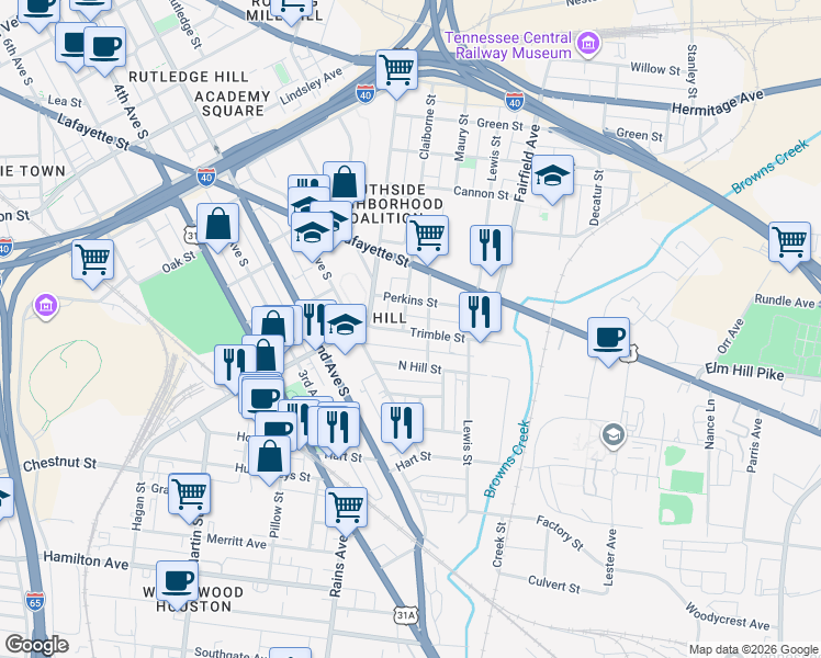 map of restaurants, bars, coffee shops, grocery stores, and more near 12 Claiborne Street in Nashville